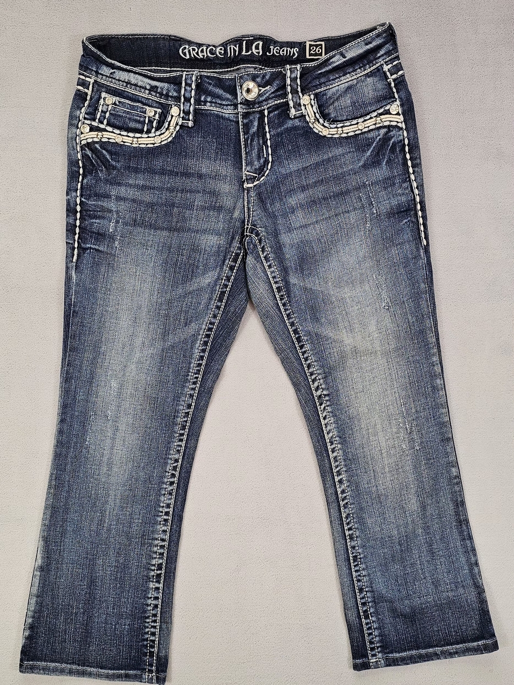 Grace in LA Girls Capri Jeans Size 5/26 Blue Denim Stretch Embellished Pockets N